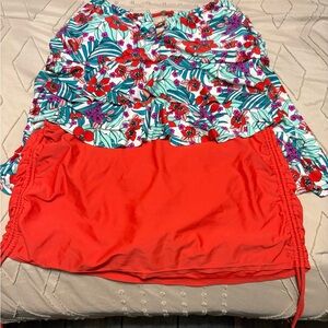 Floral and Red Ruched Swimsuit